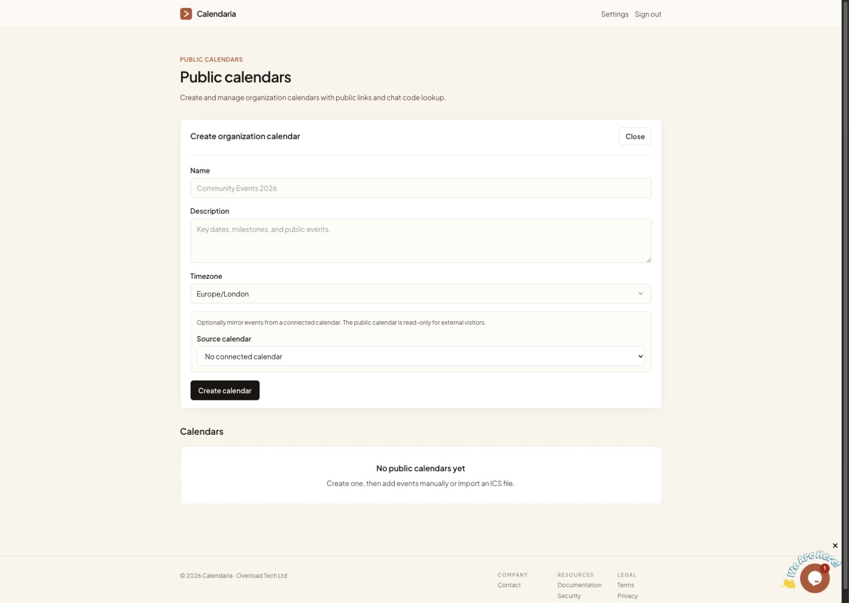 Public calendar creation form